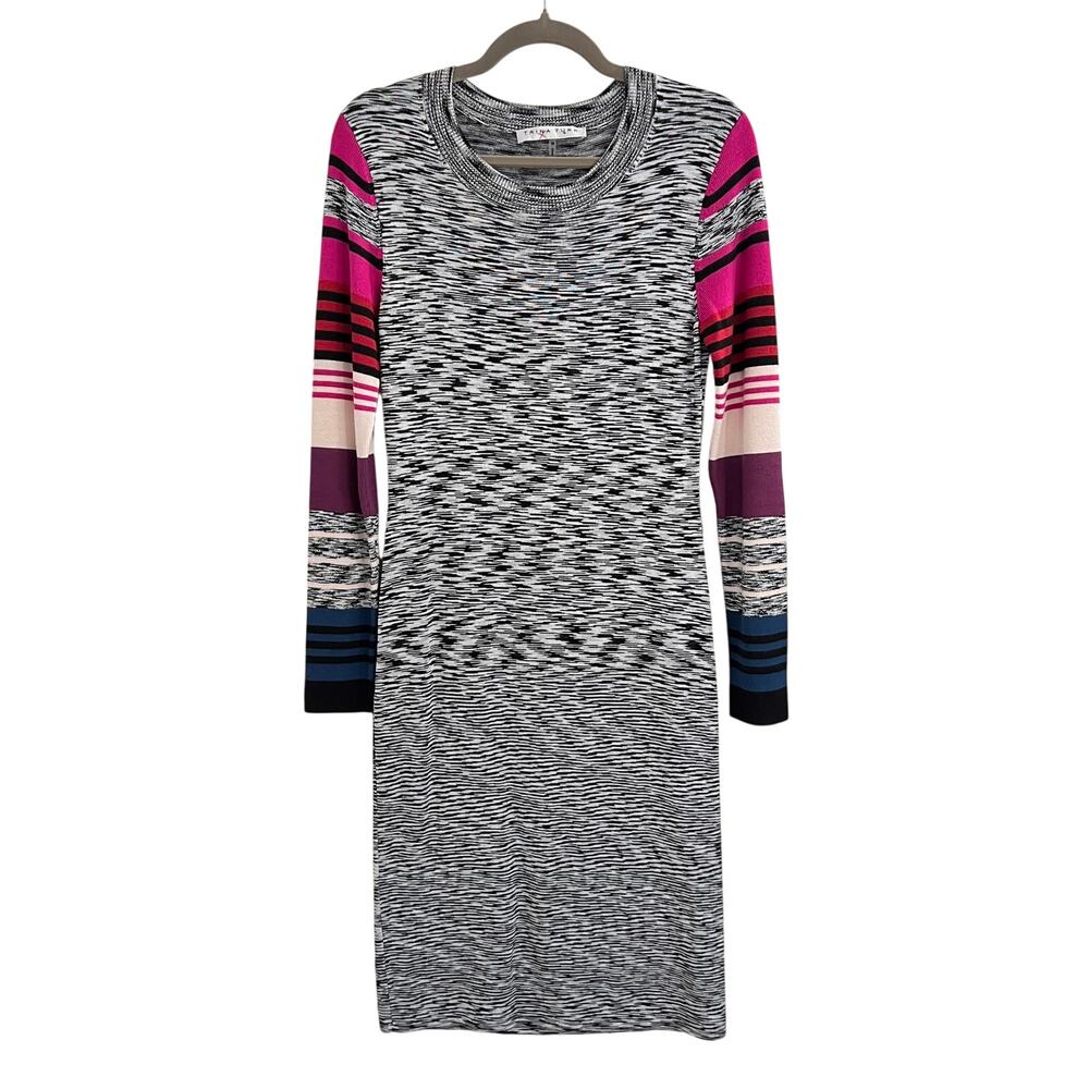Trina Turk Long Sleeve Knit Dress Fitted Knee Length Midi Gray Pink Size M